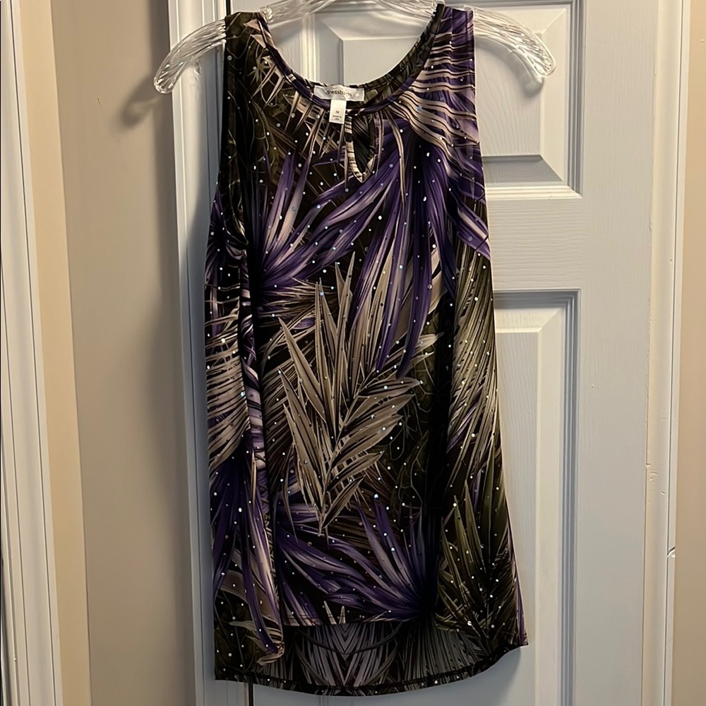 Dressbarn Purple and Tan Leaf Patterned Sleeveless Top